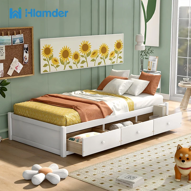 With 3 Drawers, Environmentally Friendly Materials Green Painted Surface Twin Beds Frame Conducive To The Health