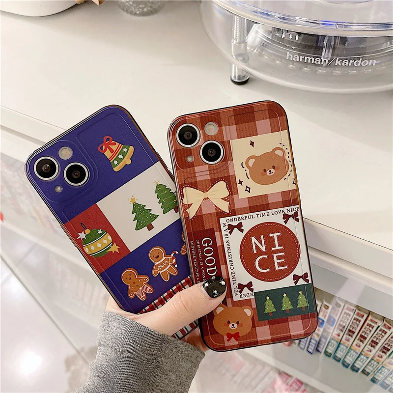

For iphone 11 12 13 Pro Max XR X Xs 6 7 8 Plus Phone Case Photo Frame Christmas Splicing Cute Bear Christmas Tree Letter Shell