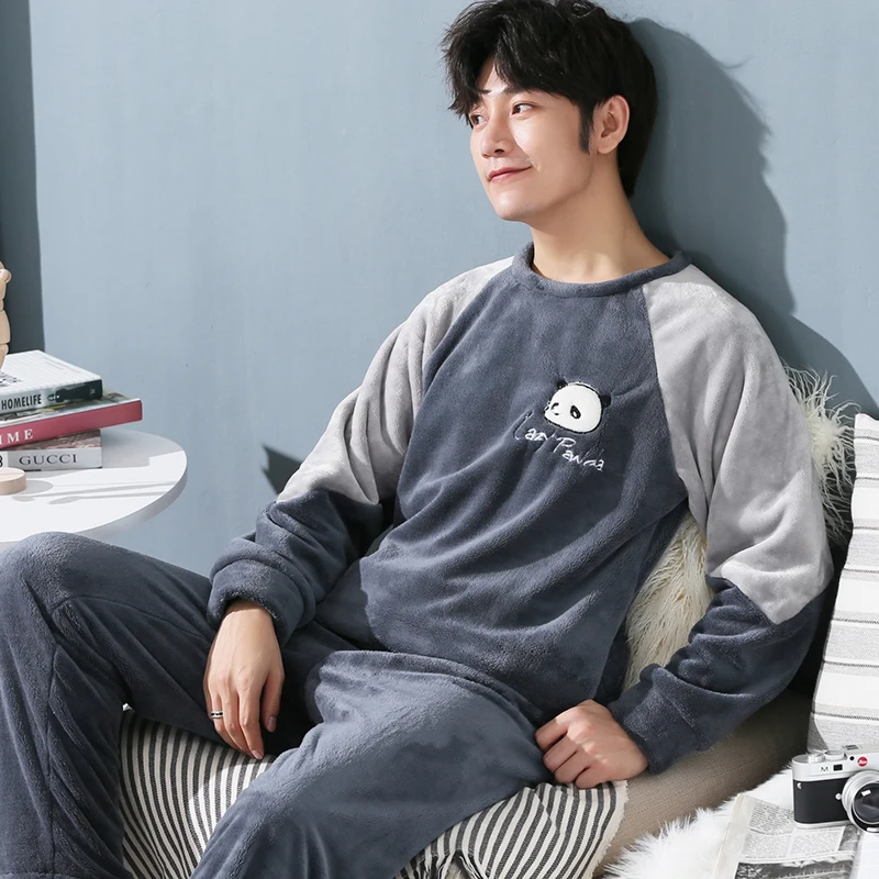 Long Sleeve Winter Thicken Warm Flannel Pajamas Sets Print Sleepwear Long Pant Male Men Pajama Set 3XL 4XL 5XL Men Nightwear