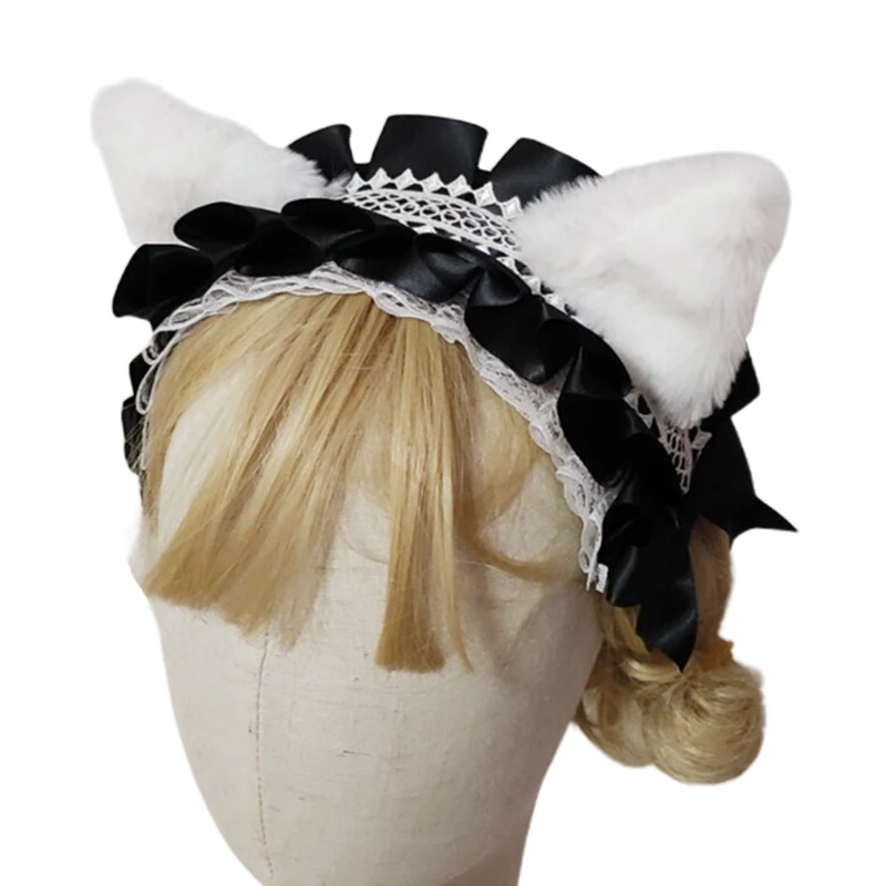 

Kitten Ears Hair Hoop Lolita Kitty Ears Headwear Ears Headband Ruffle Lace Bowknots Headpiece Anime Fancy Dress T8DE
