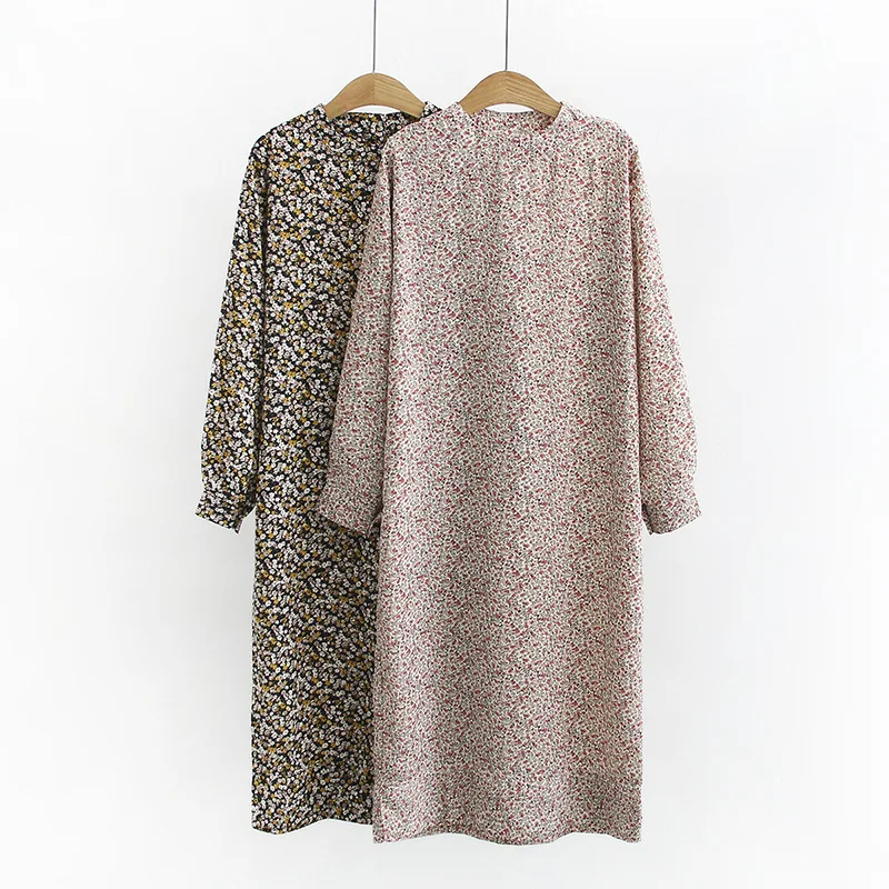 

Autumn Spring Long Sleeve Beach Boho Chiffon Dress O-neck Casual Mid-Calf Loose Plus Size European Floral Dress Charming Women