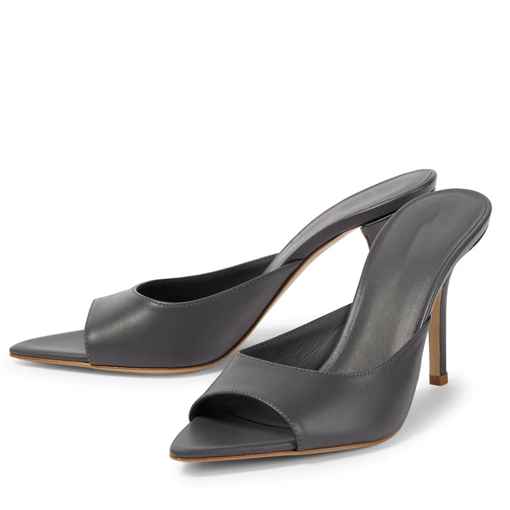 2023 Summer New Women's Pointed Toe High Heel Mules Sandals Brown PU Leather Slippers Ladies Large Size Black White Shoes Slides