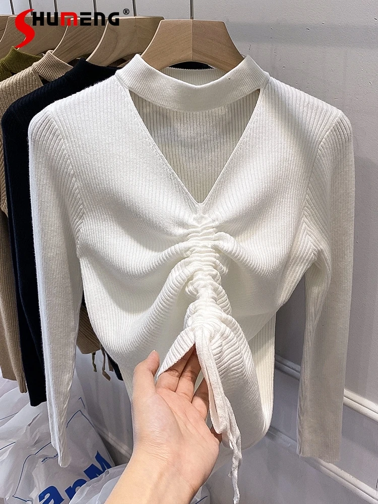 

Fashion Drawstring Pleated Solid Knitted Tshirt Women 2022 New Spring Fall V-neck Inner Wear Sweater Sexy Halter Bottoming Shirt