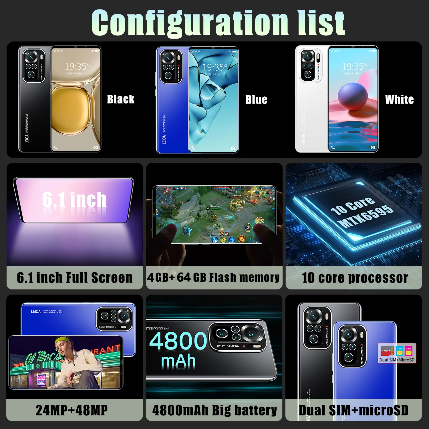 2022 note 10 pro 6 1inch smartphone 5g 4gb64gb 4800mah telefon 48mp camera unlocked android10 0 mtk6595 deca core mobile phones free global shipping