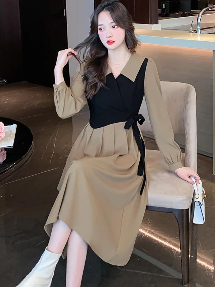 

Черное лоскутное платье миди с длинным рукавом, Осень-зима, элегантное женское офисное платье, новинка 2022, корейское модное облегающее вече...