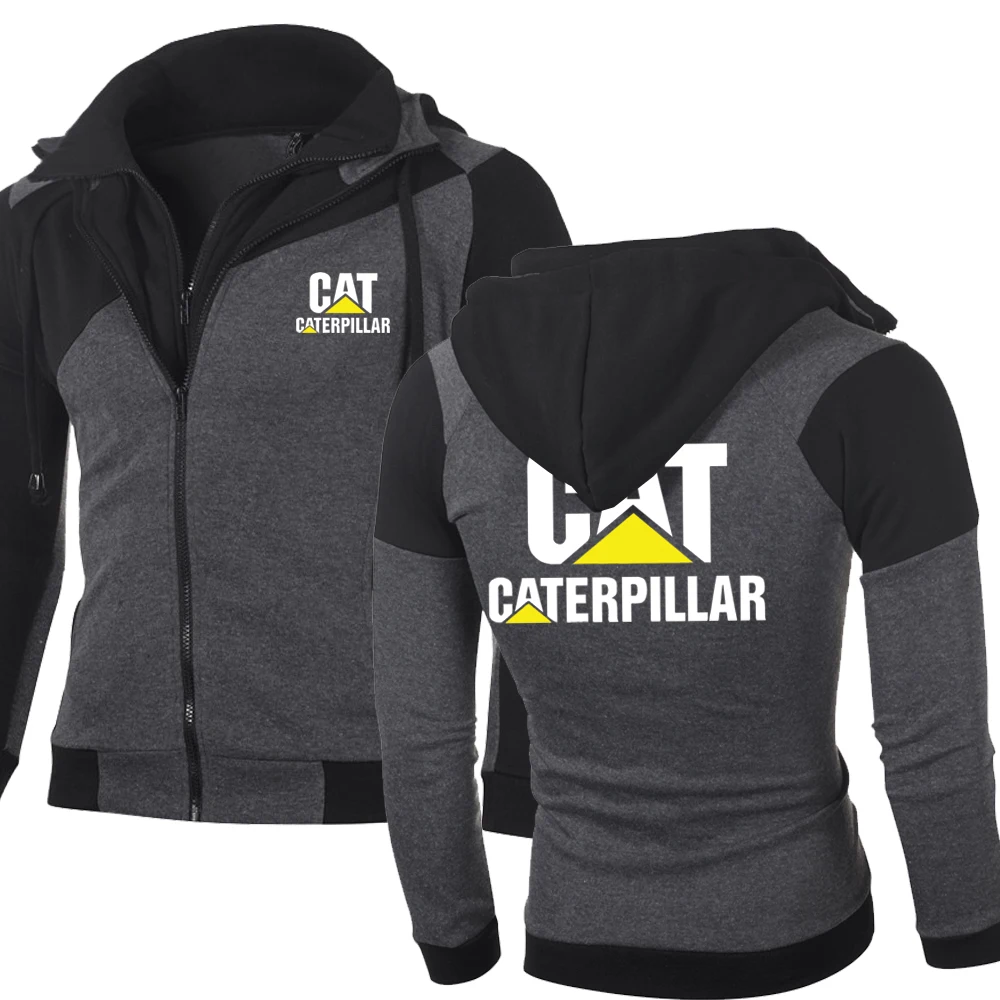 

2022New Spring Autumn Men's Cat Logo Hoodies Fashion Double Zipper Patchwork Long Sleeve Jacket Hip Hop Harajuku Clothing