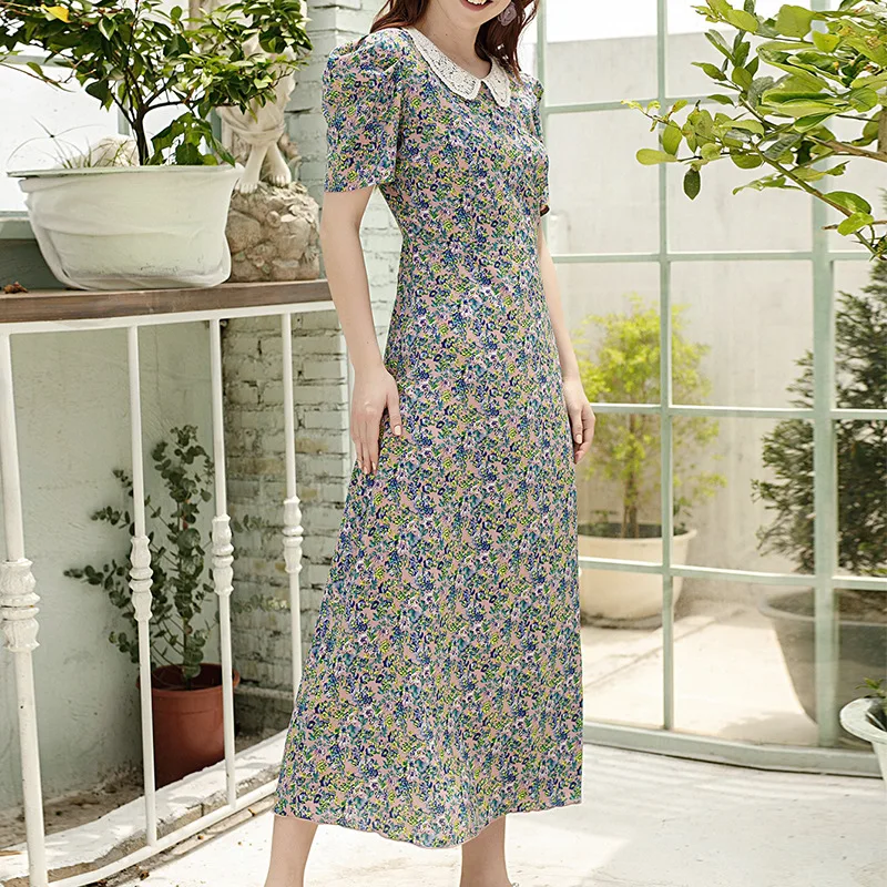 

Floral Print woman dress Loose Fit Round Neck Lace Irregular Small Fresh Short Sleeves Long vestido robe 2022 NEW
