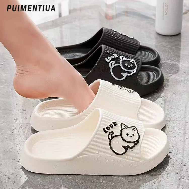 

Шлепанцы для душа и ванны для мужчин и женщин, сандалии на плоской толстой платформе, с рисунком медведя, кошки, летние пляжные тапочки для дома, сланцы