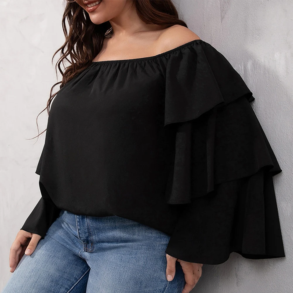 2022 New Fashion Plus Size Ladies Autunm Long Sleeve Cold Shoulder Holiday Party Off The Shoulder Collar Top Blouse XL-3XL 4XL