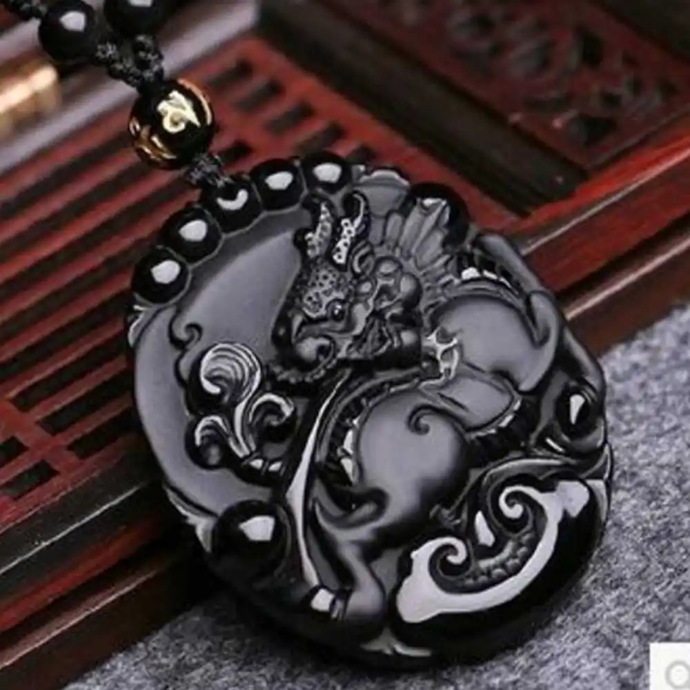 

Natural Obsidian Carved Kylin Lucky Amulet Pendant Men Jewelry Healing Tibetan Craft Clavicle Gemstone Beads Crystal Jewellery