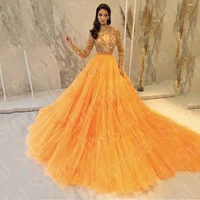 latest classic evening dresses long sleeves orange wedding guest gowns high collar prom party dresses illusion beading top