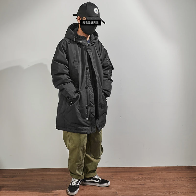Heavy hooded down jacket coat men's wear thick black casual military coat in winter.