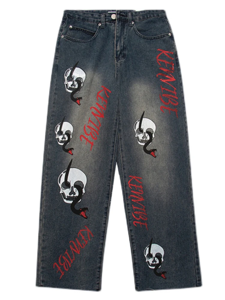 Four Seasons American Trend Street Skull Print Old Jeans Hip Hop Retro Loose Straight Trousers Men Streetwear Ins Hot Sale JEANS