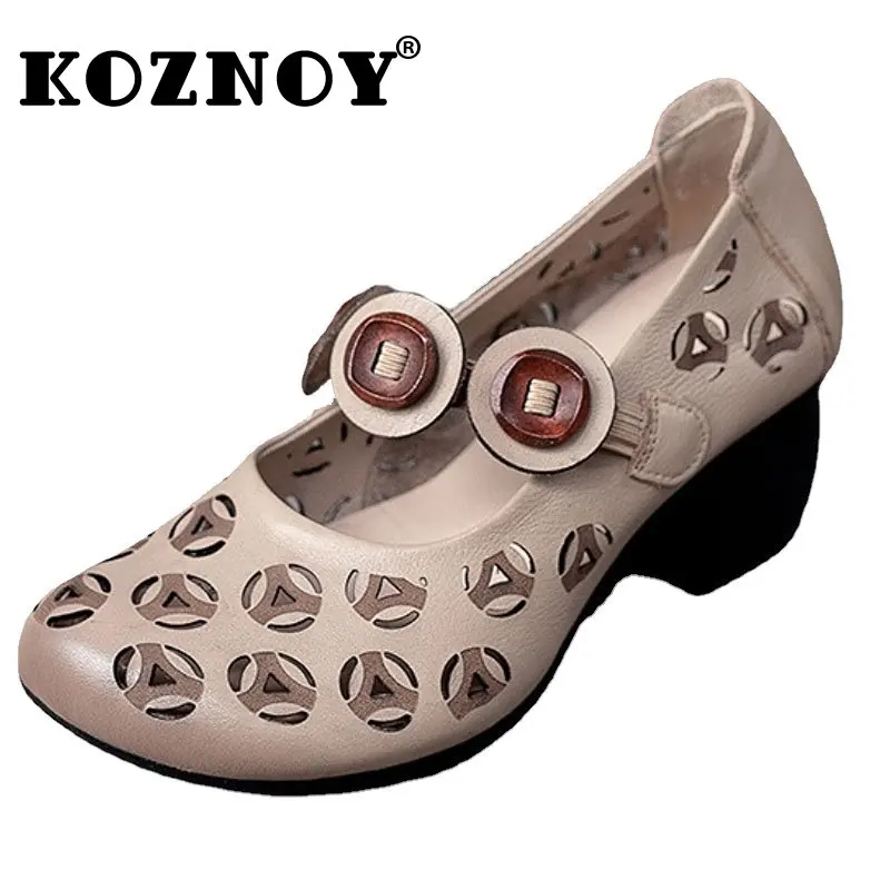 

Koznoy Native Shoes 5cm New Ethnic Cow Genuine Leather Comfy Summer Women Hollow Chunky Heels Soft Soled Females Retro Elegance