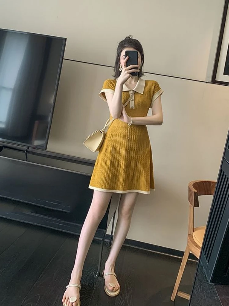 

2023 Summer New Knitted Ice Silk Polo Neck Button Dress Women's Slim Fit French Small and Simple Large Size Fashionable Skirt
