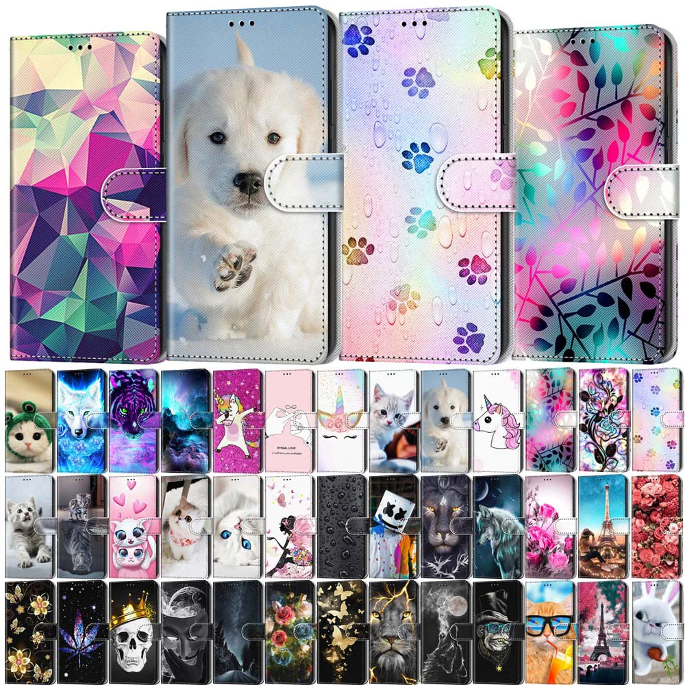 Leather Flip Phone Case For Samsung Galaxy A10 A20 A30 A40 A50 A70 A20E A30S A50S Lion Cat Painted Wallet Card Holder Cover