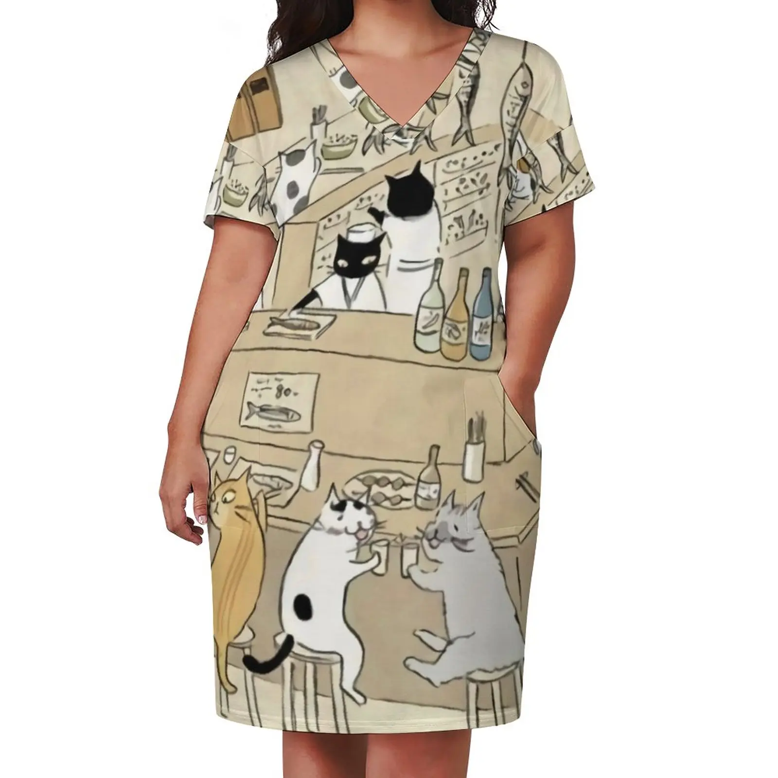 Japanese Anime Casual Dress Summer Cat Restaurant Print Retro Dresses Female V Neck Print Street Wear Dress Plus Size 3XL 4XL