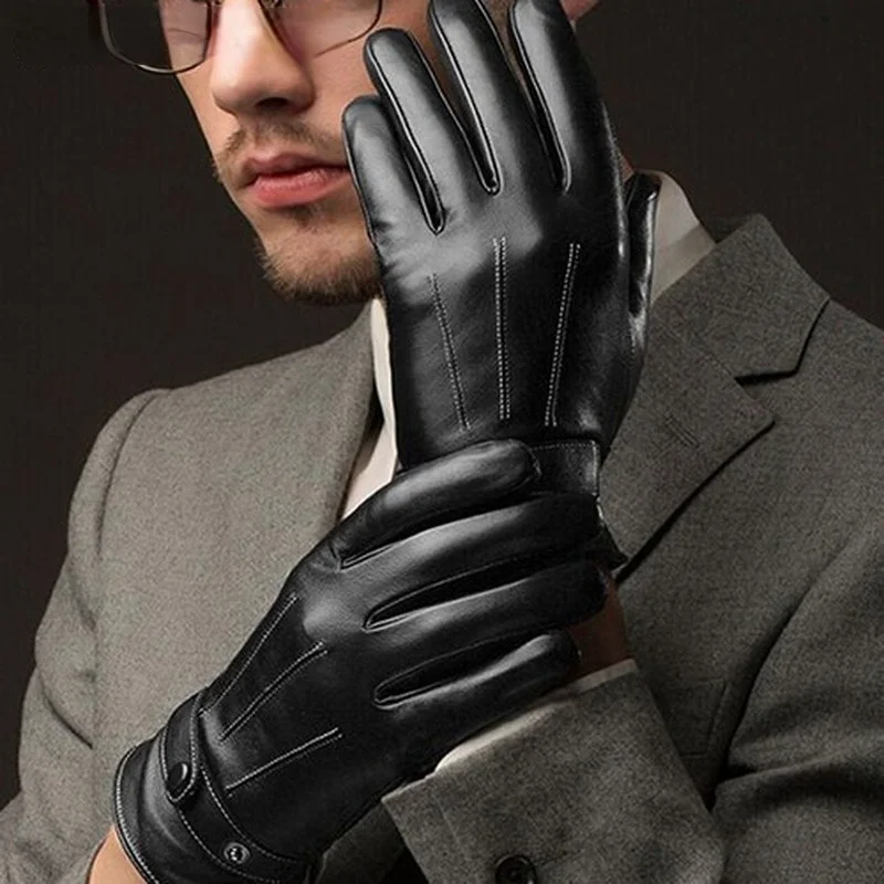 

Hot Cost-effective Gloves Men Winter Leathe Black Gloves Button Warm Mittens Luxurious PU Leather Driving Men's Genuine 2022