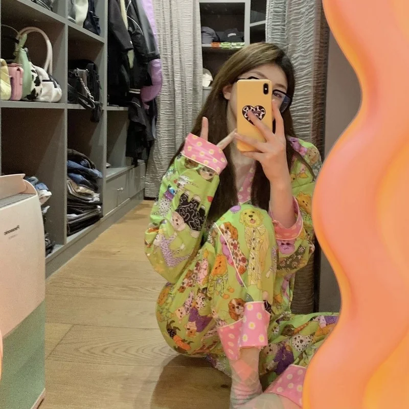 QWEEK Pajamas for Women Spring Autumn Sleepwear Loungewear Cute Cartoon Pet Dog Pijamas Pyjamas Two Piece Sets Home Clothes