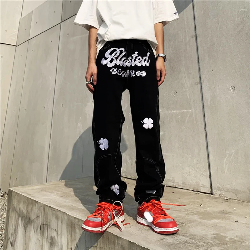 Men's Y2K Clothes New Fashion Letter Embroidery Baggy Men Jeans Straight Casual Black Denim Trousers Pants For Men Streetwear