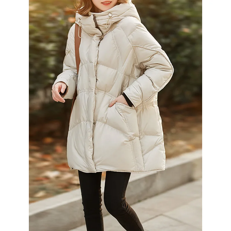 Women 90% Down Jacket White Duck Hoodies Medium-length Soft Warm Winter Light As Clouds Cocoon Type Double-sided Heterochromatic