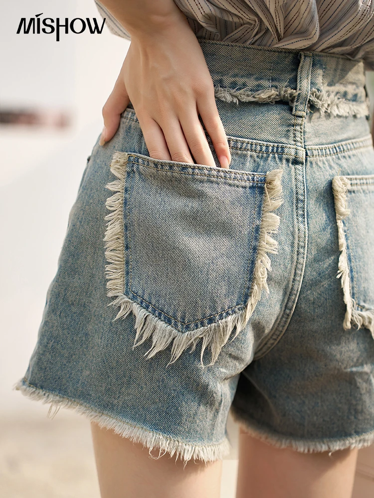 MISHOW Women's Retro Denim Shorts 2023 Summer Tassel Edge High Waist Distressed Pockets Casual Versatile Short Pants MXC35K0086