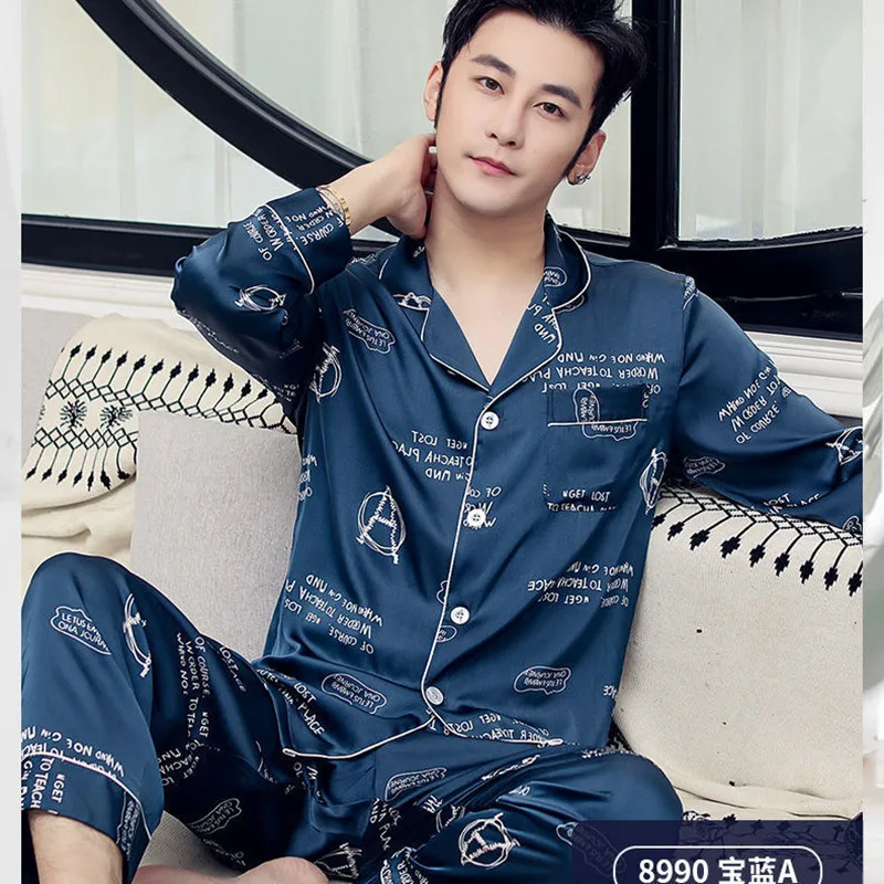 High quality pajamas for men, spring and autumn teen thin silk set, air conditioning room, long sleeves, fashion loungewear