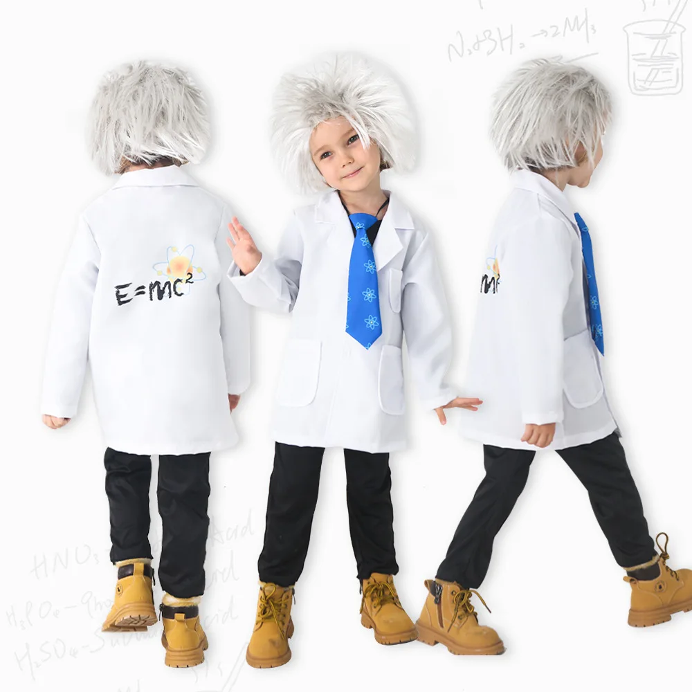 

Kids Cosplay Mad Scientist Costume with Wig Crazy Lab Uniform Carnival Party Purim Performance Props Children Cosplay Costumes