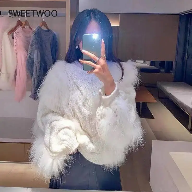 Women's Faux Fur Knitted Sweater Vest 2022 Famous Female Fur Pullover Warm Fall Winter High Neck Fur Sweaters Fashion Tide Slim