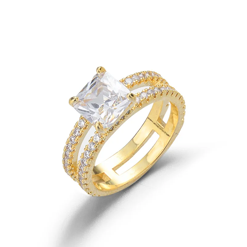 

Double 14K Gold Color Ring Refers To Four Prong Setting Diamond Jewelry Women Men Anillos De Bizuteria 925 Sterling Silver Rings