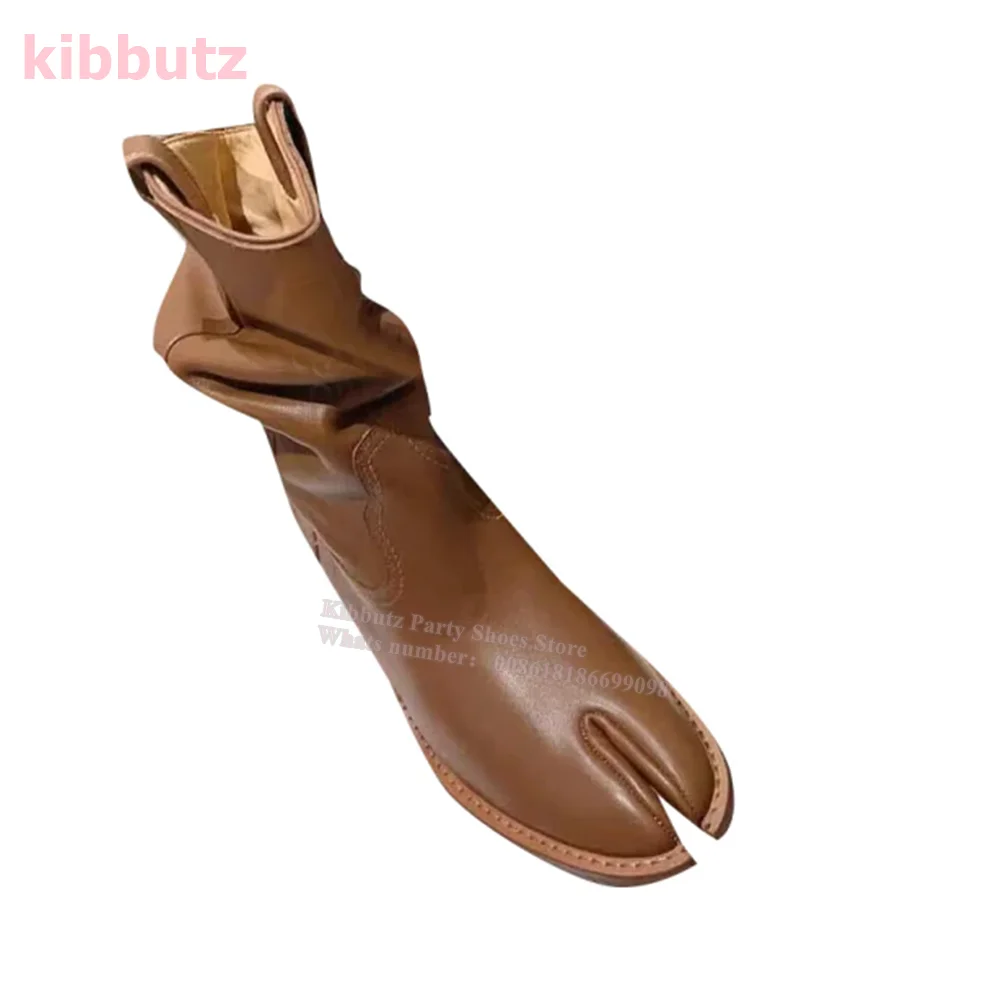 

Split Toe Tabi Bailamos Boot Flat With Ankle Knee Solid Brown Genuine Leather Slip-On Sexy Fashion Runway Show Luxury Women Shoe