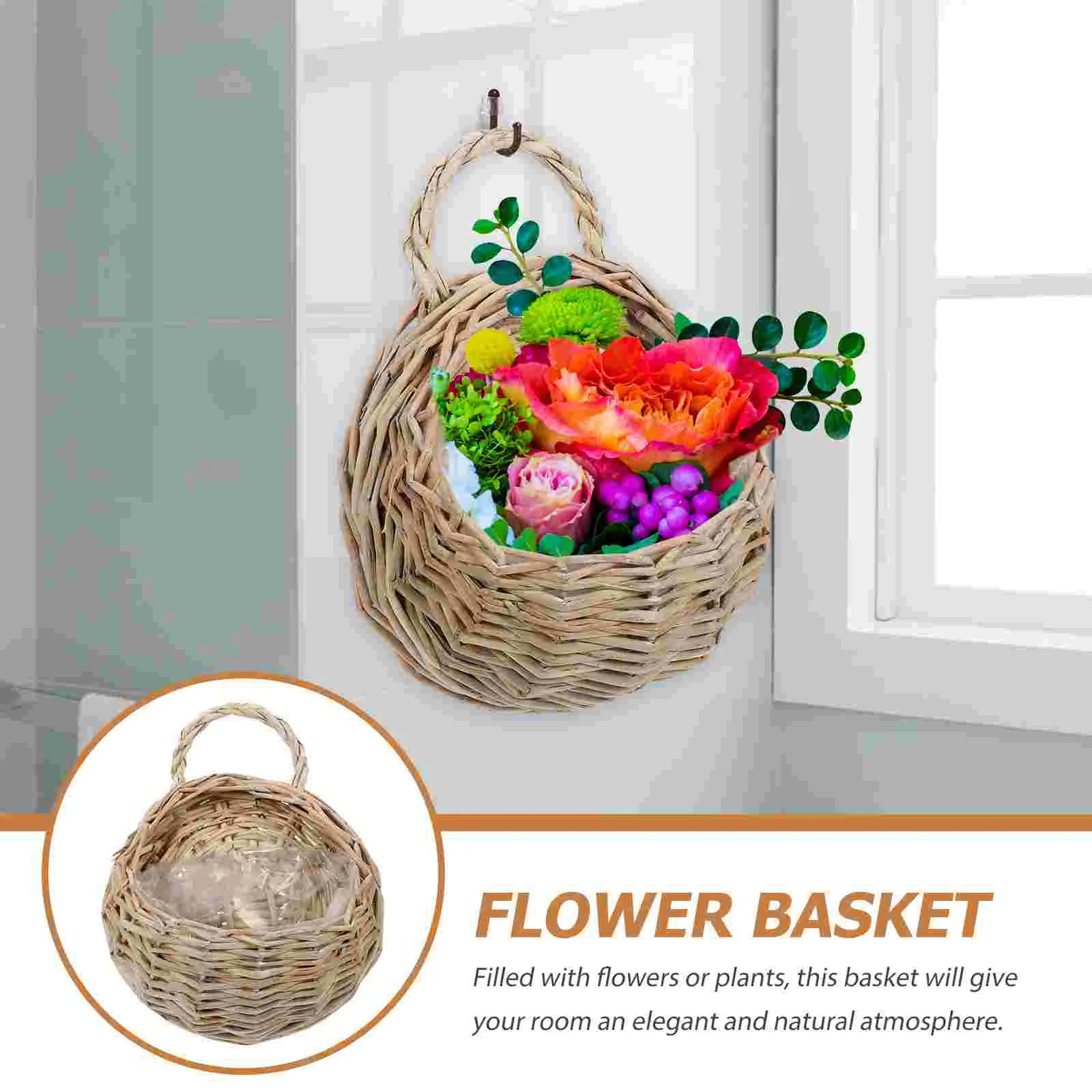 

2 Pcs Wall Mounted Basket Hanging Rattan Flower Woven Apron Home Flowers Holder Wooden Planter