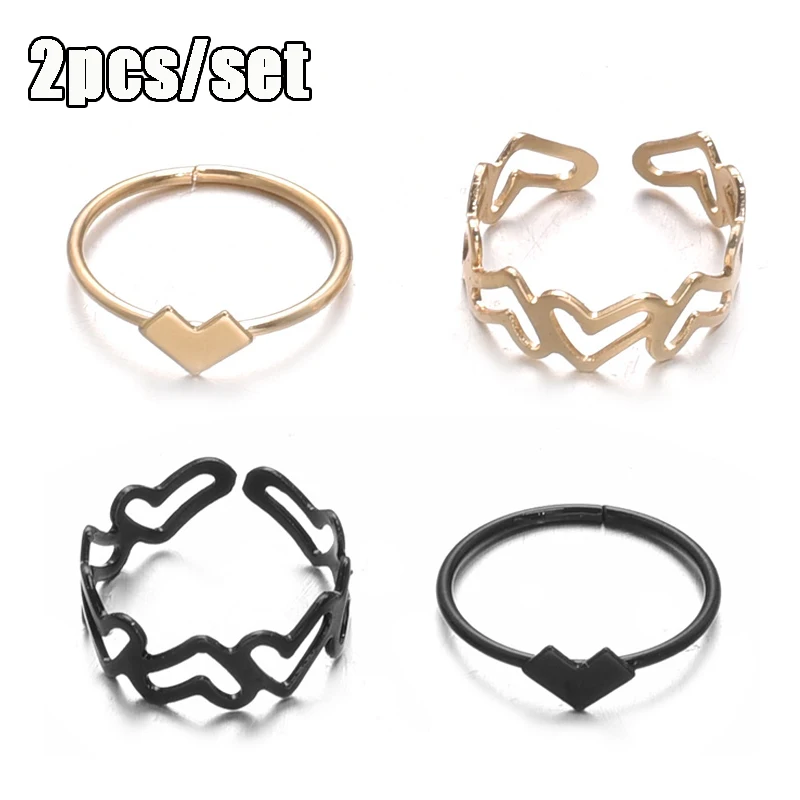 

2pcs/set Hollow Hearts Rings for Women Sweet Romantic Couple Ring Fashion Alloy Gold Heart Ring Wedding Jewelry Gift Accessories