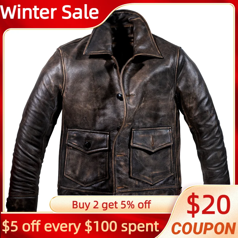 

Vintage Brown Men's Spring Jacket Retro Casual Style Plus Size 4XL Natural Cowhide Autumn Slim Fit Short Genuine Leather Coats