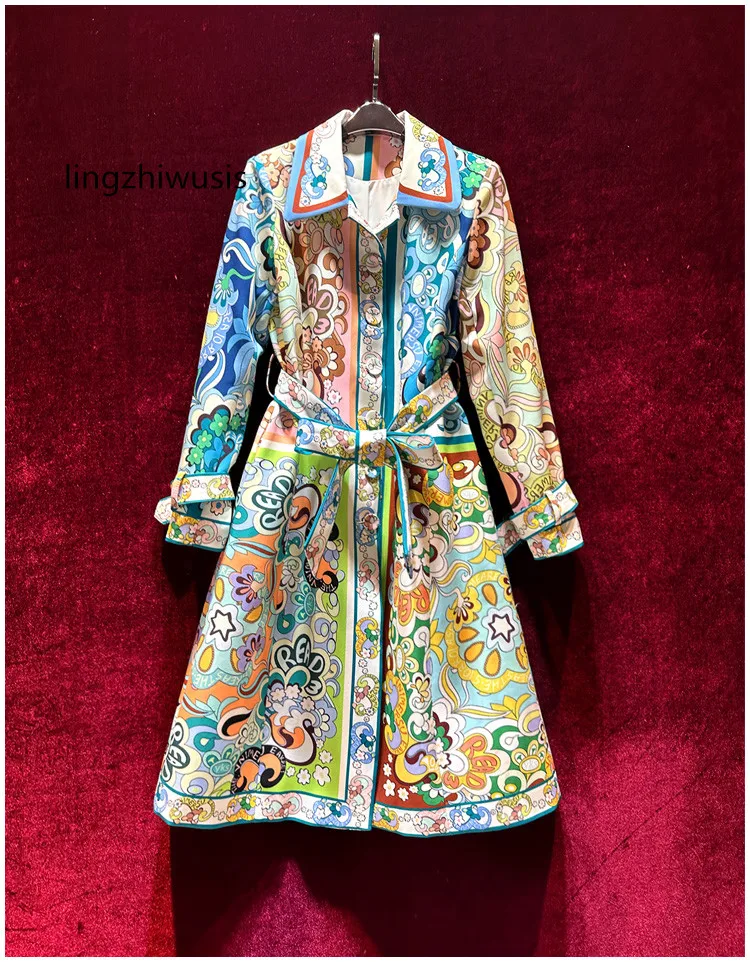 

Women Trench Coat Vintage Print Medium Length Coat Fancy Outerwear Female Elegant Slim Waist Slim Top Quality New Arrive