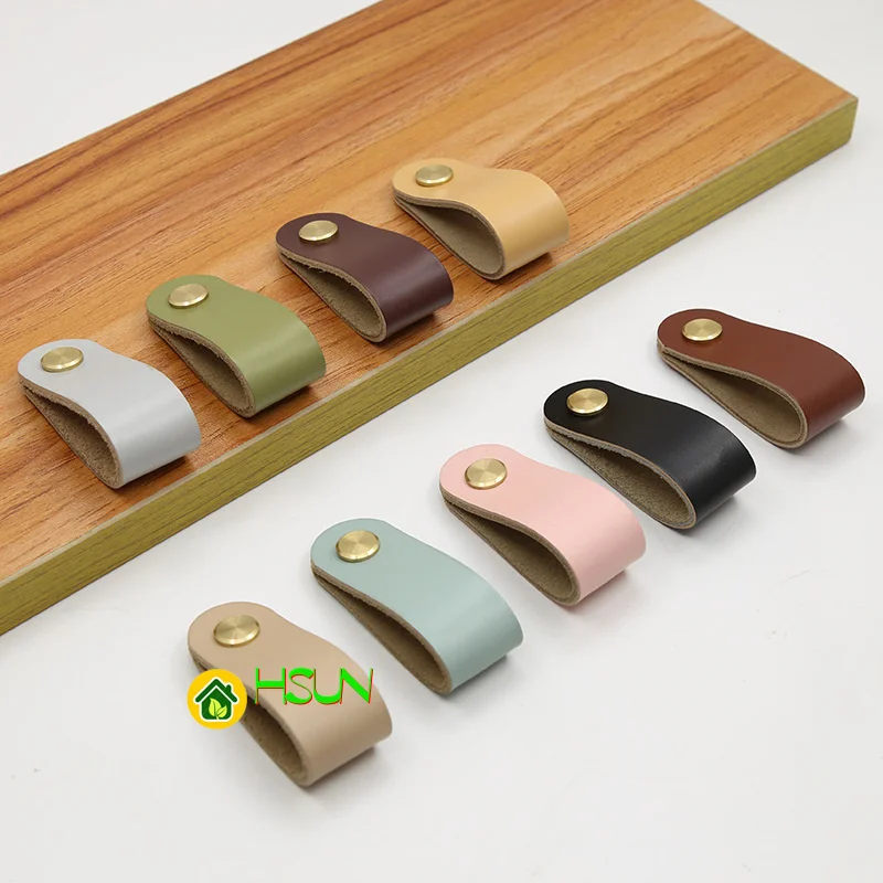 

2 pcs Cabinet door color leather handle copper head accessories leather handle drawer copper nail handle leather paper wine box