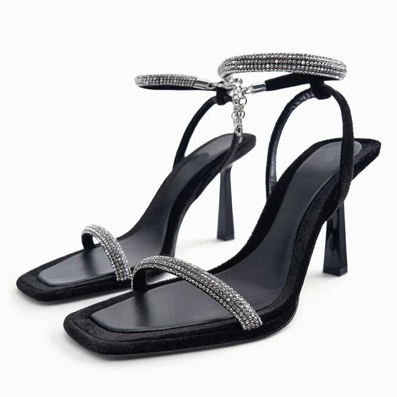 

TRAF 2023 Woman Black High Heels Squared Toe Rhinestone Slingbacks Pumps Sexy Ankle Straps Heeled Sandals Ladies Stilettos Shoes