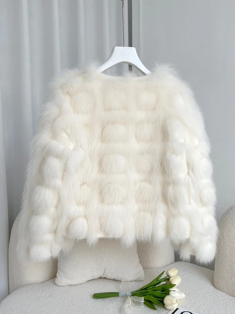 2022 Winter Jacket Women Natural Real Fox Fur Fur O-neck Casual Splicing Checkerboard Plaid Coat Thick Warm New Fashion Coat enlarge