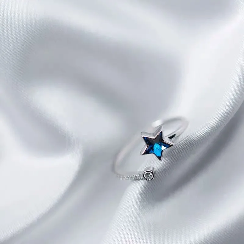 

925 Sterling Silver Thin Fine Jewelry Moon Star Blue Cocktail Opening Finger Ring for Women Ladies Wedding Engagement Party Gift