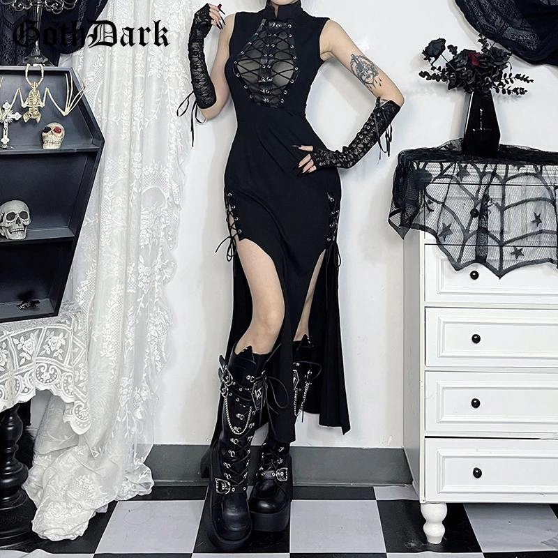 Женское платье без рукавов Goth Dark прозрачное Макси-платье с бандажным подолом и