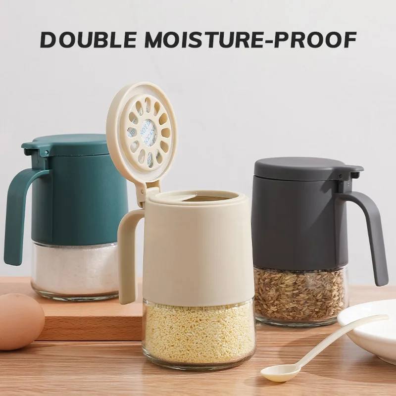 

Press Ppen Lid Clear Glass Seasoning Jar Containing Desiccant Moisture Proof 350ml Salt with Spoon MSG Seasoning Bottle