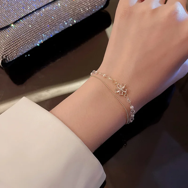 

New 2022 Elegant Double Pearl Crystal Flower Bracelet Design Bracelet