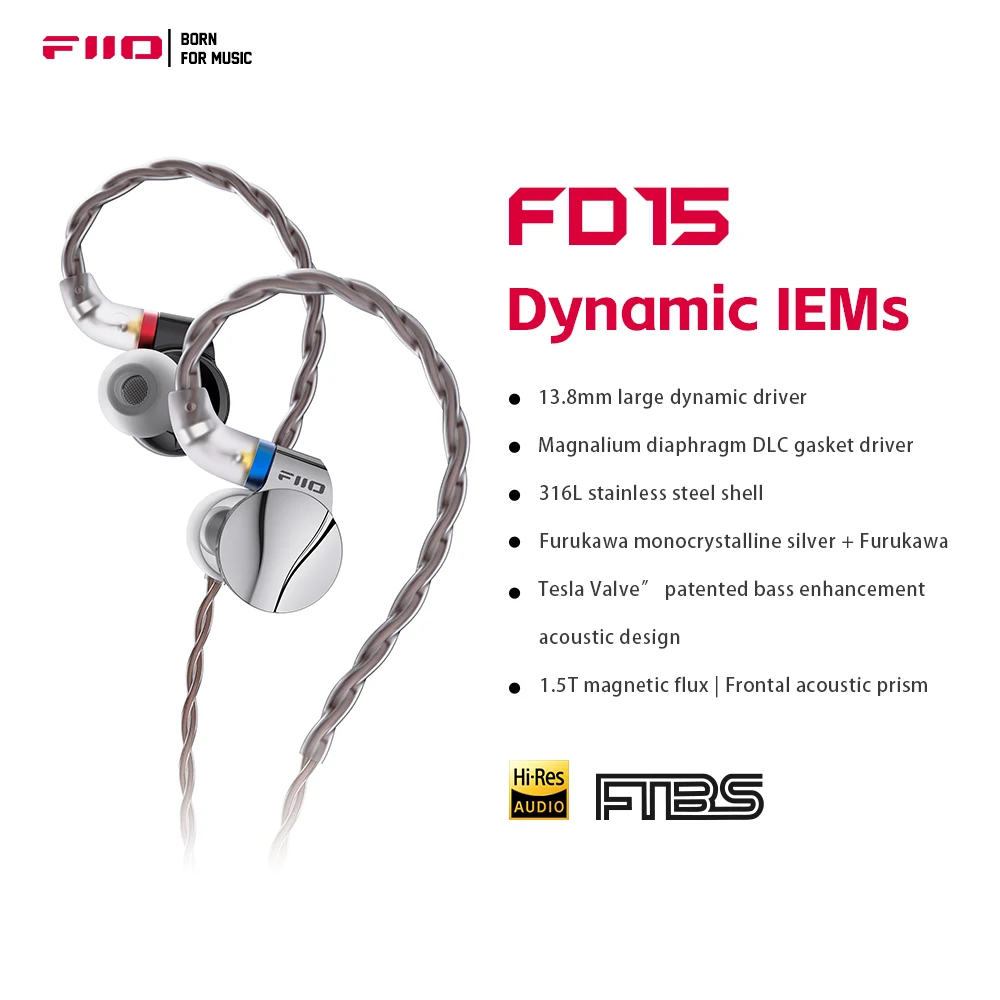 Фото Наушники-вкладыши FiiO FD15 13,8 мм Magnalium DLC HiFi с динамическим драйвером и корпусом из нержавеющей стали, глубокими басами, съемным кабелем MMCX №1