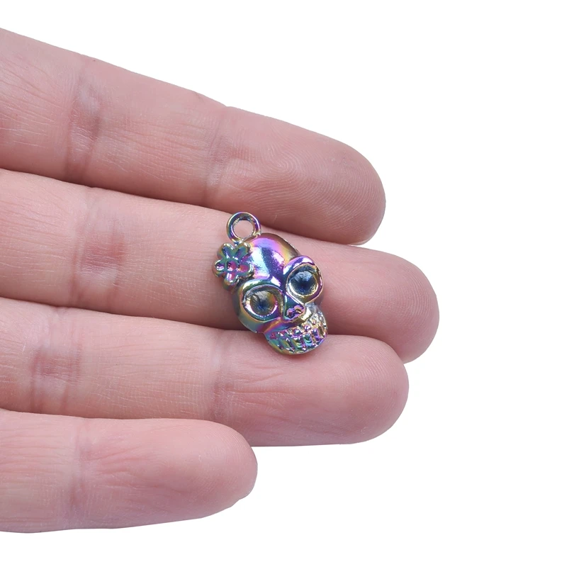 3pcs/Lot Plum Peach Flower Skeleton Skull Bones Cranium Scull Pendant Alloy Halloween Charms For DIY Designer Jewelry Parts