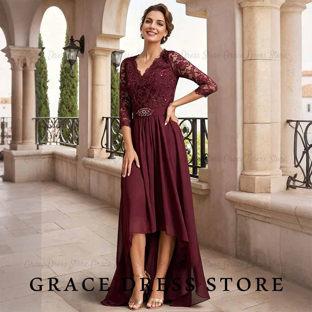 Фото Платье для подружки невесты Grace с V-образным вырезом, кружевное, с рукавами 3/4, асимметричное, из шифона, вечернее платье, на заказ. №2