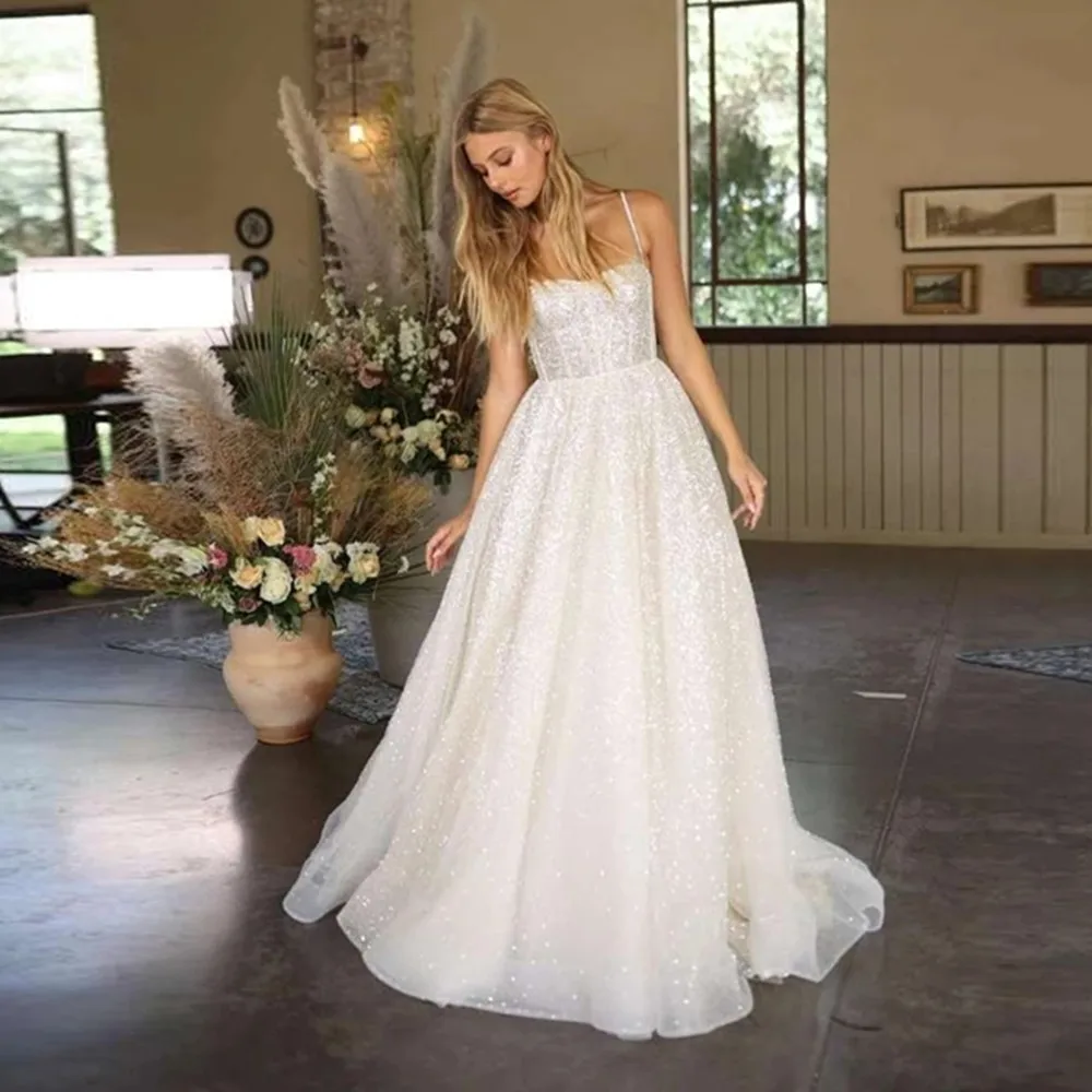 

Vestido de Noiva 2022 Shiny Beach Wedding Dresses Custom Made Boho Bride Dress Spaghetti Straps Summer Wedding Gowns Princess