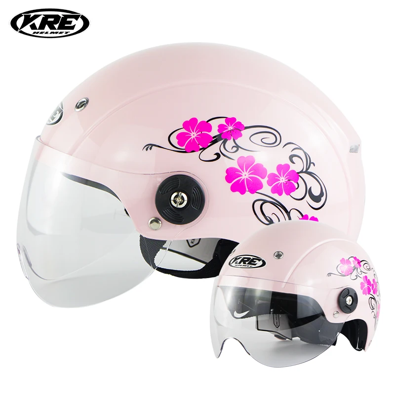 KRE Women Electric Motorcycle Helmet Pink Half Cascos Half Face Vespa Helmet Motorcycle Summer Bike Electric Scooter Casco Moto