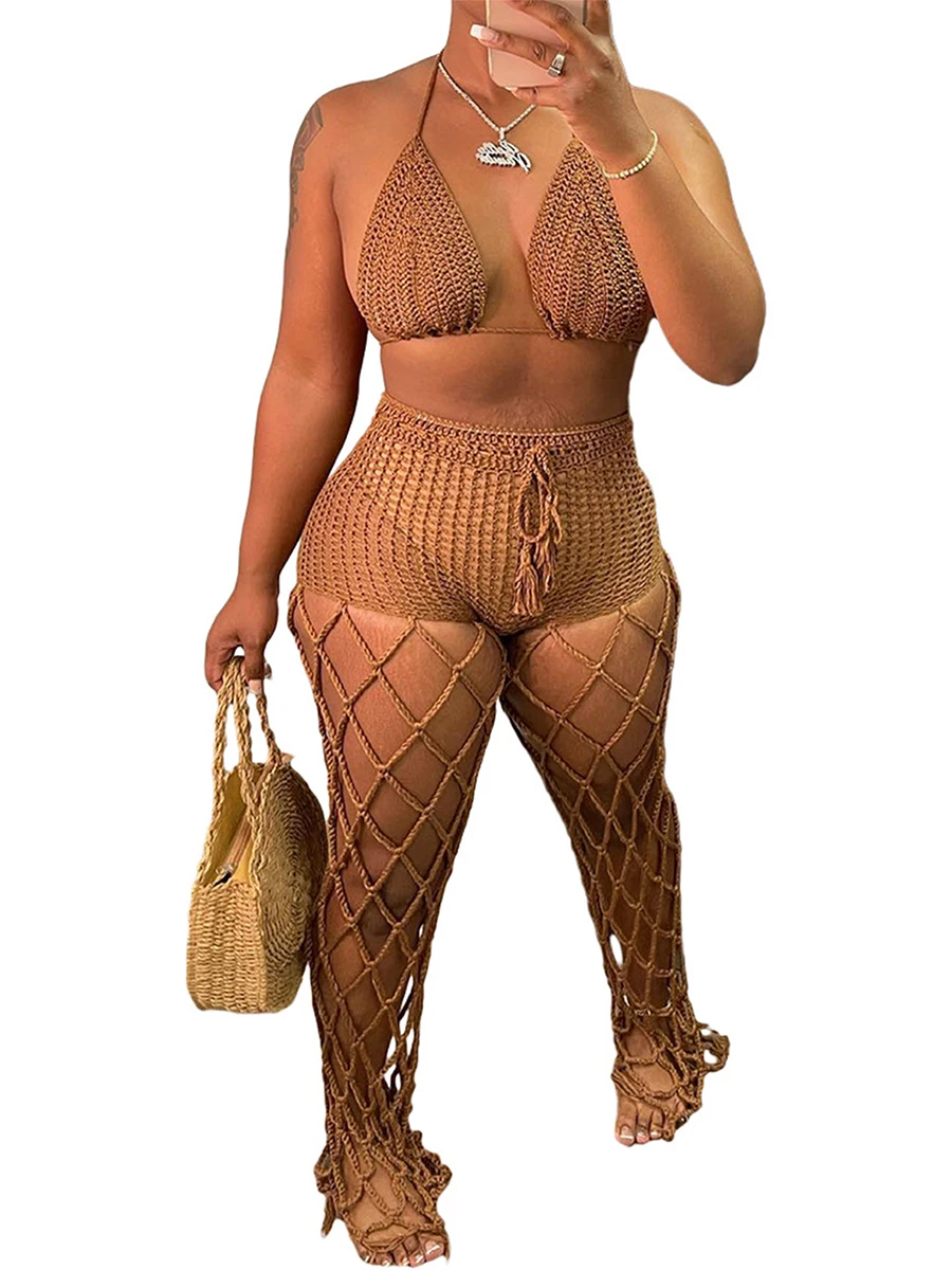 

Women Crochet Knitted Bikini Tops Hollow Pants 2Pcs Set Summer Sexy Braided Wire Sets Holiday Beach Outfits