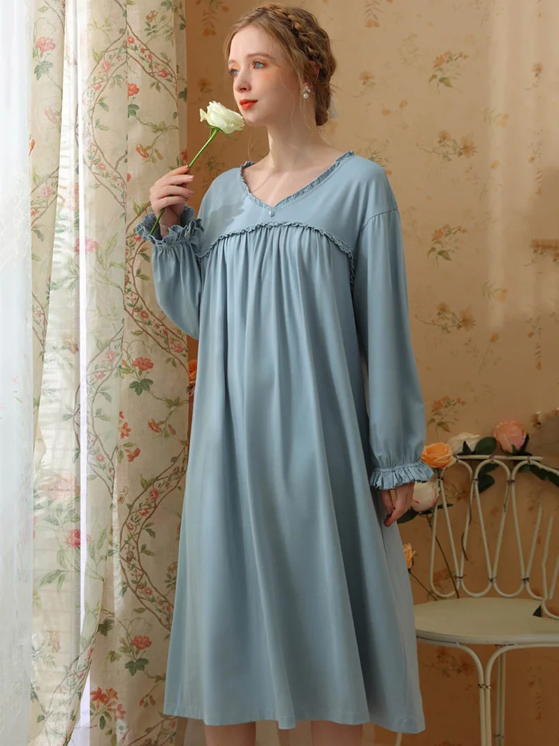 Women Spring Sleepwear Long Sleeve Cotton Victorian Sweet Pajamas Nightgowns V-Neck Ruffles Loose Princess Vintage Nightdress