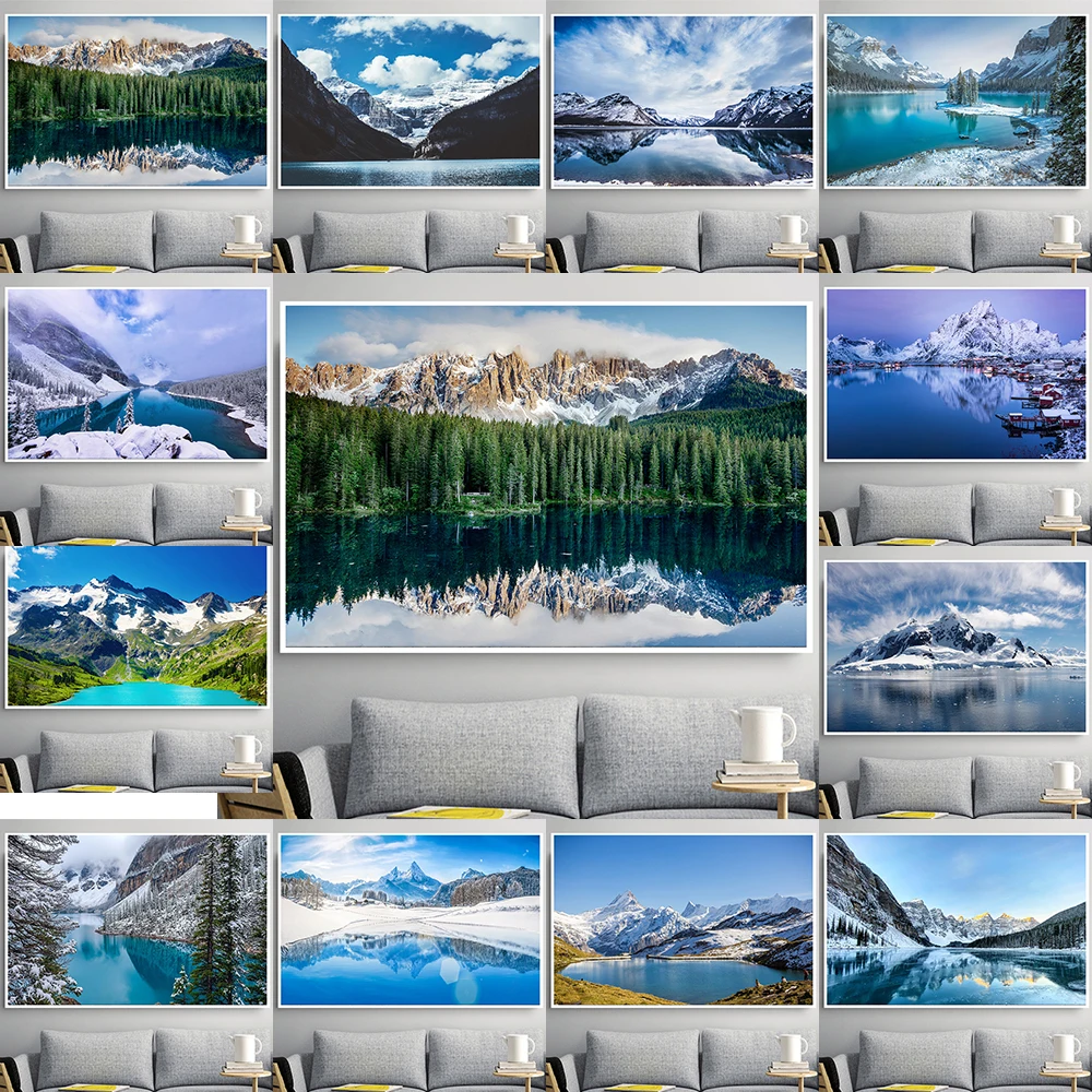 

Snow Mountain Lake Wall Picture Forest Landscape Canvas Painting Wall Art Nature View Posters and Prints for Living Room Decor